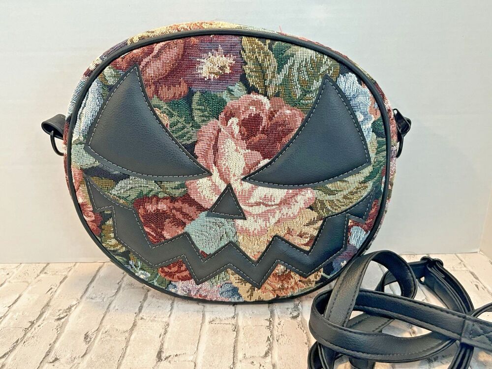 NEW Love Pain And Stitches Floral Tapestry Pumpkin Jack O Lantern Crossbody Bag